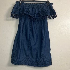 Parker off-shoulder embroidered tassel dress